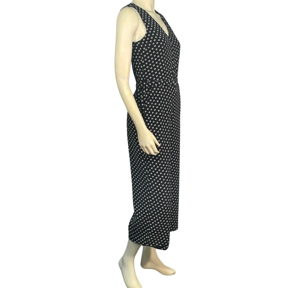 Michael Kors Sz 2 Belted Jumpsuit Cropped Pants V-Neck Bodice Black White Dots - Picture 2 of 13